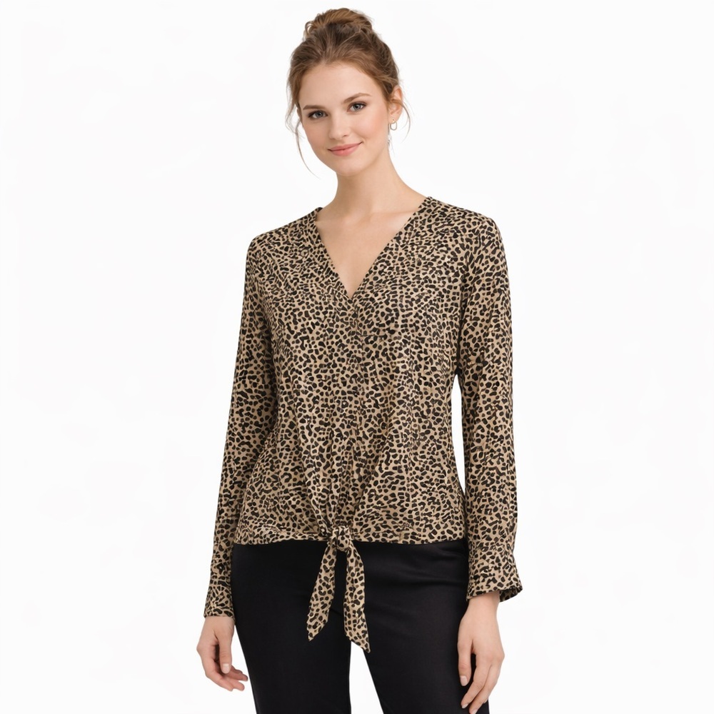 Tribal NWT Women's Leopard Print Tie Front Blouse Size M Long Sleeve